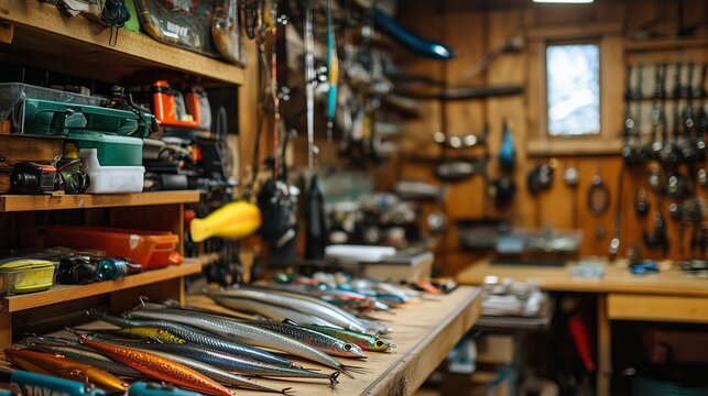A well-organized fishing tackle workshop featuring various tools, lures, and equipment for anglers in a rustic cabin setting