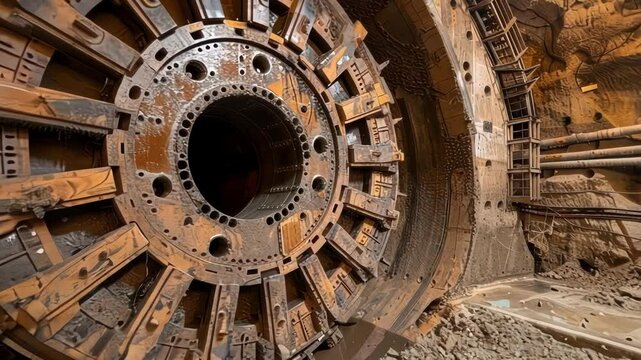 A tunnel boring machine with its giant spinning drill heads slowly carving out the path for the subway tunnel.