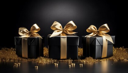 three black gifts with gold bows on a black background