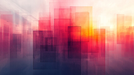 An abstract composition of translucent shapes in shades of red, pink, and orange, creating a vibrant and dreamy atmosphere.