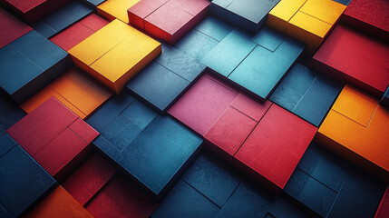 A vibrant, textured surface composed of interlocking square tiles in red, yellow, and blue shades, creating a striking visual pattern.