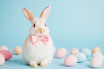easter bunny wearing a big pink bow surrounded by pastel color Easter eggs, blue solid color background