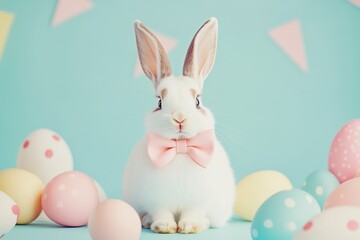 easter bunny wearing a big pink bow surrounded by pastel color Easter eggs, blue solid color background