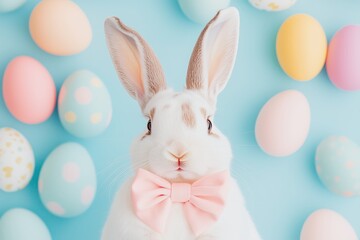 easter bunny wearing a big pink bow surrounded by pastel color Easter eggs, blue solid color background