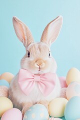 Obraz premium easter bunny wearing a big pink bow surrounded by pastel color Easter eggs, blue solid color background