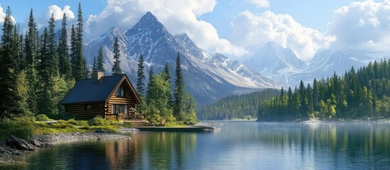 Fototapeta premium A wooden cabin sits on the shore of a lake with mountains and a forest in the background.