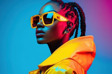 A striking neon-lit portrait of a woman with braided hair, wearing large, yellow-tinted sunglasses and a glossy yellow jacket. The contrast between blue and pink lighting emphasizes