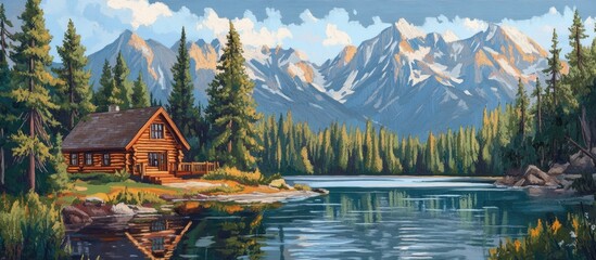 Fototapeta premium A rustic cabin sits on the shore of a tranquil lake, with snow-capped mountains in the background.
