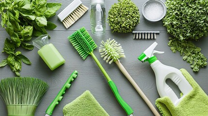 A flat lay of various green cleaning tools and fresh herbs, showcasing eco-friendly products and natural elements for a sustainable lifestyle.