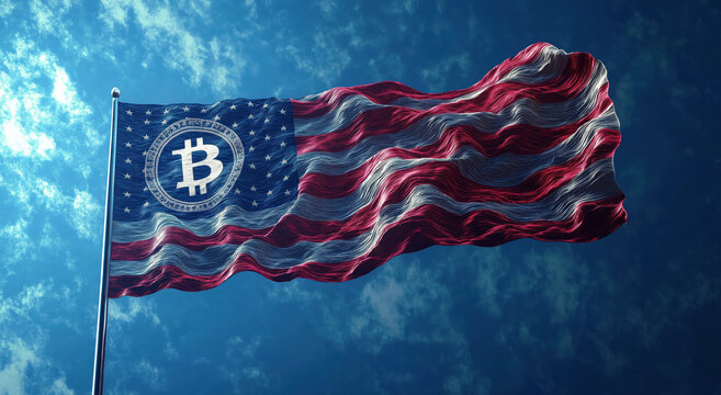 Bandera de Estados Unidos ondea en un asta y sobre las estrellas se aprecia el logo de Bitcoin. En la parte inferior las monedas se apilan r&aacute;pidamente para formar una peque&ntilde;a monta&ntilde;a de dinero.