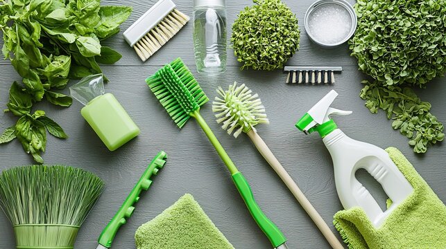A flat lay of various green cleaning tools and fresh herbs, showcasing eco-friendly products and natural elements for a sustainable lifestyle.