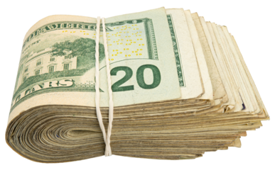 20$ bills. Stack of twenty American bills. Cash wad roll. Money rolled in half with rubber band. Green USA bank notes. USD banking saving. Paper money note. Business success. Rich. Isolated background