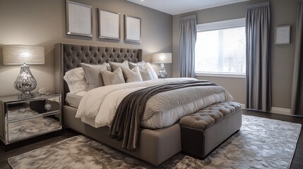 Modern Bedroom Interior with Plush Bed and Grey Decor