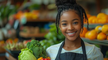 A young Black female grocery store consultant showcasing fresh produce in a vibrant market