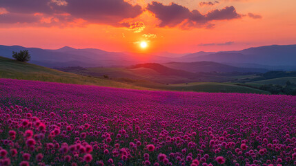 Fototapeta premium Vivid Multi-Colored Flower Beds Under Radiant Sunset with Rolling Hills Fading into the Distance, Serene Countryside Landscape