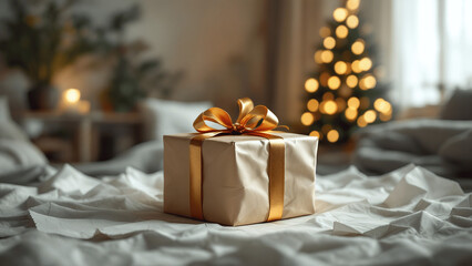 Gift box with a cheerful holiday ambiance in a cozy room