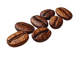 row of fresh roasted coffee beans, closeup macro isolated on white background with copy space.