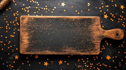 Rustic wooden cutting board on a black background with gold confetti.