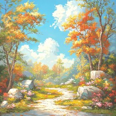 A serene autumn landscape with colorful trees and a winding path.