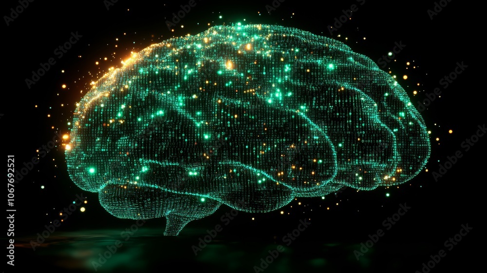 Poster a glowing brain silhouette filled with a matrix of binary code against a dark background