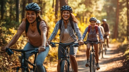 Fototapeta premium Women cycling together on a scenic trail during sunny day