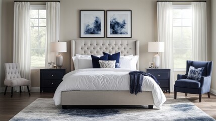 Upholstered Bed in a Modern Bedroom with Blue Accents