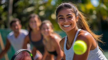 Young woman smiling while playing tennis with friends on a sunny day
