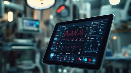 Real-time Health Monitoring Tablet Display with Patient Vital Data in Clinical Environment, Showcasing Heart Rate, Blood Pressure, and Oxygen Levels on a Digital Interface