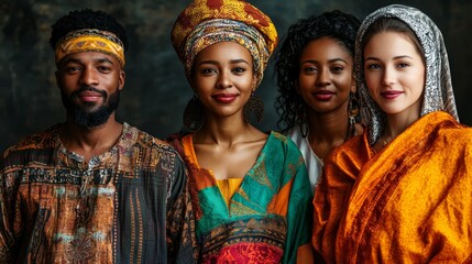 Fototapeta premium Diverse group of people wearing traditional cultural attire together