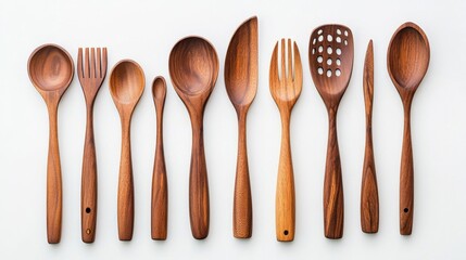 Wooden Kitchen Utensils on White Background.