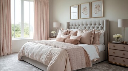 Fototapeta premium Luxurious Bedroom Interior with a Beige Bed, Plush Pillows, and Art Deco Nightstands