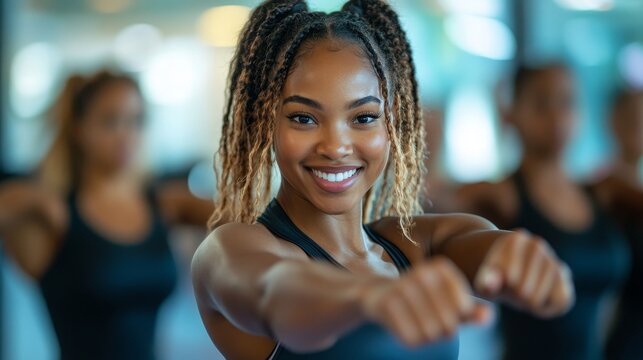 Energetic woman smiling during workout in gym with fitness group