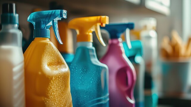 A row of colorful cleaning spray bottles on a kitchen counter, showcasing various cleaners ready for use in household cleaning tasks.