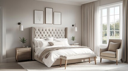 Modern Bedroom Interior with Large Bed and Armchair