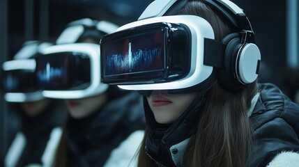 Futuristic virtual reality experience with multiple users in dark setting