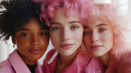 Obraz premium Three young women with colorful hair posing together in soft lighting