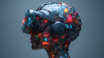 A brain silhouette crafted from overlapping virtual reality elements in a modern digital world