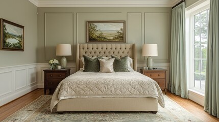 Fototapeta premium Upholstered Bed with Green Pillows and Artwork in a Well-Appointed Bedroom