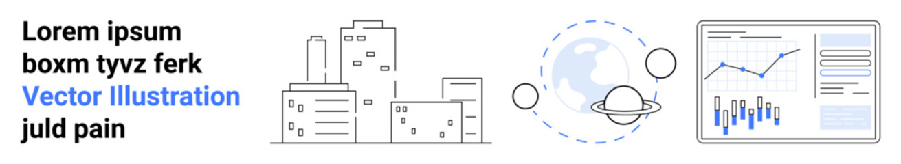 Urban buildings, planetary rings, connected dots, and data analytics in a minimalistic style. Ideal for technology, data analysis, urban development, space exploration, global connectivity © robu_s