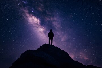 Fototapeta premium Hiker observing milky way galaxy on mountain top at night