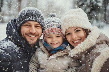 Happy family enjoying winter day in snowy forest