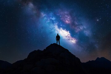 Fototapeta premium Hiker standing on mountain top at night admiring milky way galaxy