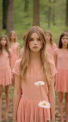 Group of Girls in Pink Dresses in Forest

