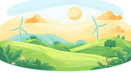 Obraz premium A serene landscape featuring rolling green hills, wind turbines, and a bright sun against a pastel sky, embodying renewable energy and nature's beauty.