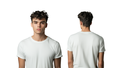 Front and Back View of a Young Man in a Plain White T-Shirt  isolated on transparent background
