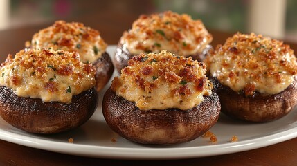 A plate of six  baked stuffed mushrooms, topped with breadcrumbs and parsley.
