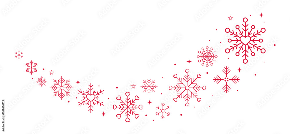 Poster christmas border with red snowflakes, hearts and stars isolated on transparent background. vector gr
