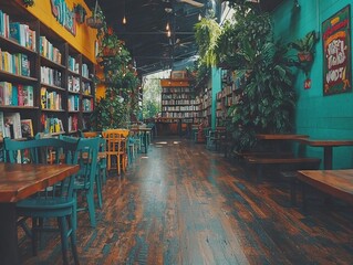 Cozy bookstore with vibrant decor, plants, and seating for relaxation.