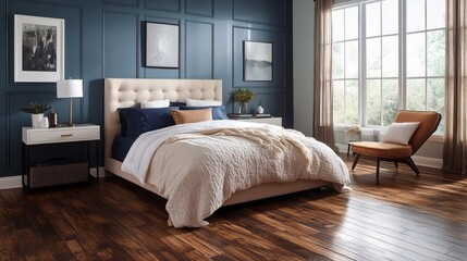 A Modern Bedroom with a King-Sized Bed, Wood Floors, and Natural Light