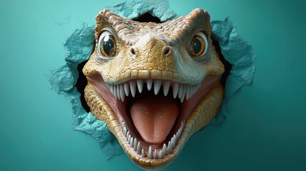 A dragon bursts through a turquoise wall, featuring bright colors and a detailed expression, creating an imaginative, lively atmosphere